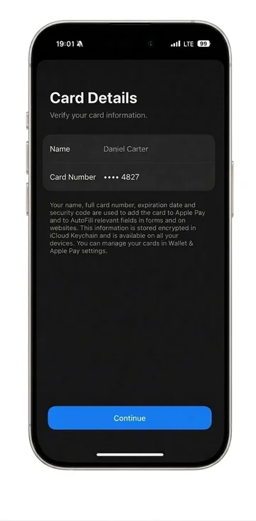 Wallet, card details: Enter the card details from your dashboard