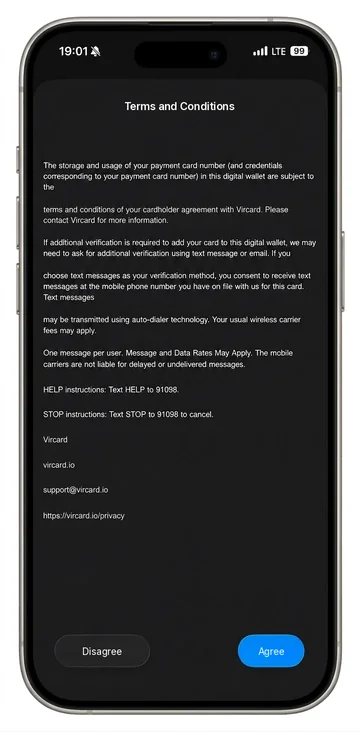 Wallet, terms: Enter the card details from your dashboard