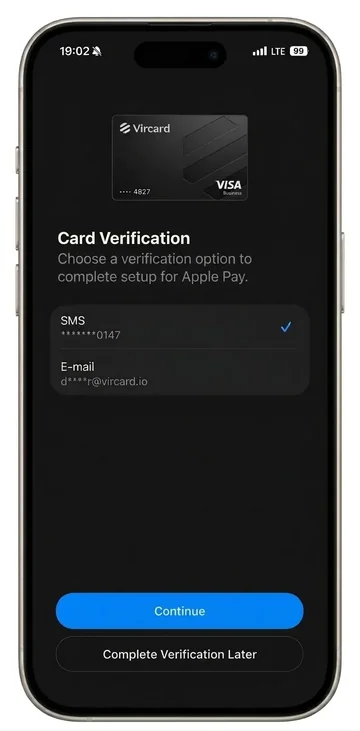 Wallet, card verification: Confirm the card with a code
