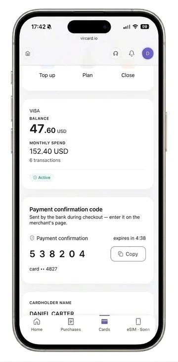 Vircard dashboard, code: Confirm the card with a code